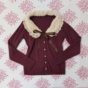 Axes Femme Fur Collar Burgundy Cardigan